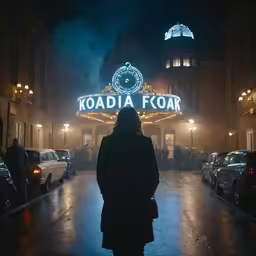 a woman is standing in front of the kodak forum on christmas