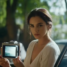a woman is holding up an old camera