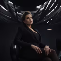 the woman sits in a chair with her legs crossed