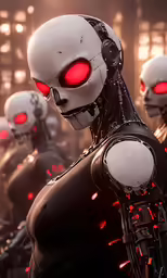 several robots wearing red eyes are standing in a row
