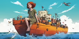 a painting of a woman sitting on a large ship