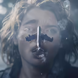 a man with a large nosepiece standing next to a plane