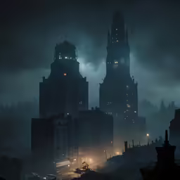 a large dark city building sitting in the middle of the night
