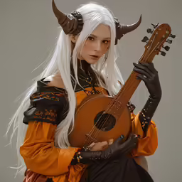 a girl with white hair wearing horns and an outfit plays a guitar