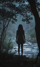 woman standing by tree looking towards body of water at night