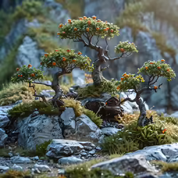 the small pine trees have orange leaves on them