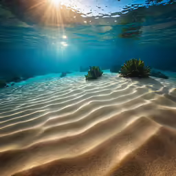 a sandy ocean floor with sunlight coming out of the water