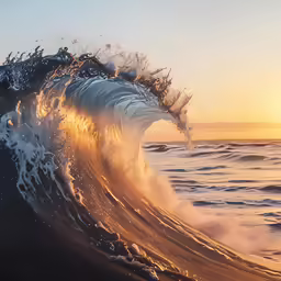 a large wave crashes in front of the sun