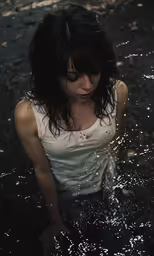 a woman wearing a white shirt is standing in water