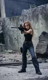 the woman is holding a gun in her hand