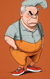 a man wearing an apron and looking at the ground,a cartoon of a man with an apron and hat