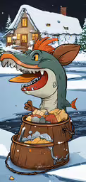 a picture of a cartoon character in a bucket on the snowy day,a cartoon drawing of a dragon riding in a wooden barrel with snow on it