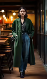 a model in a green coat is standing at a dining room table