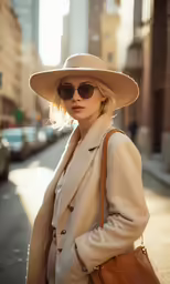 a woman standing on the side walk in a hat and sunglasses