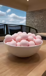 bowl of pink bath bombs on a table with a view of the ocean