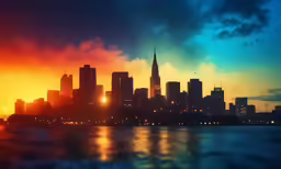 sunset in a city across the water and lights in it