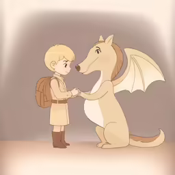 the young boy is petting the dragon with the tail