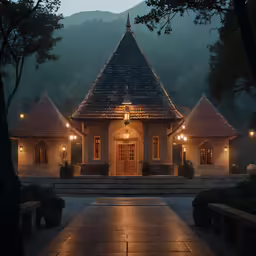the front entrance to a luxury home with a lit walkway leading up to it