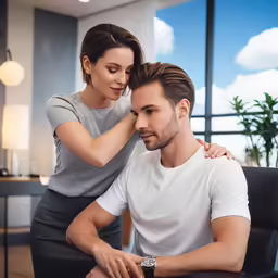 woman helping man adjusts his watch while sitting on desk