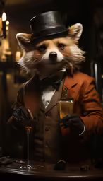 a stuffed animal wearing a top hat and holding a glass