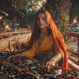a woman sitting next to lots of metal items