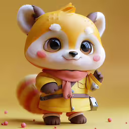 the little panda is wearing a scarf,a racoon is shown standing in a yellow outfit