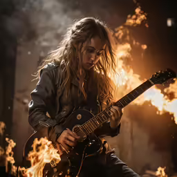 a person standing in a room playing guitar with flames