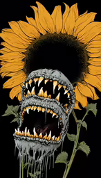sunflower that has teeth and claws, with water dripping from the mouth