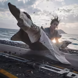 the woman is lying down by the ocean