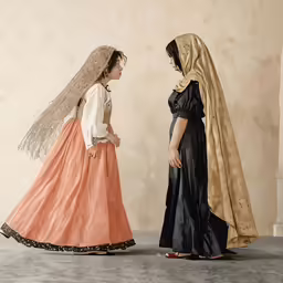 two women in costumes stand on a grey floor