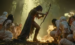 a man with a long sword in a forest surrounded by other people
