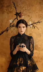 a woman standing next to a wall holding a camera