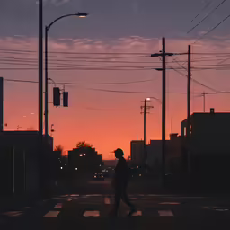 a lone person walking in the middle of the road at sunset