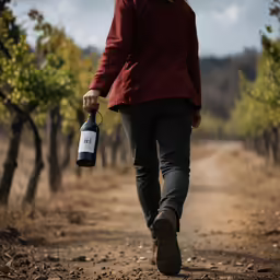 a person with a bottle of wine walks down the road