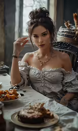 a beautiful young woman sitting at a table with food