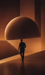 a man is standing in a room next to a round lamp