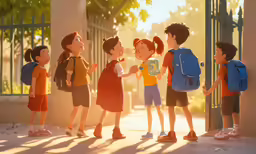 five cartoon children are talking in front of a building