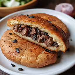 two bread halves with meat inside on a plate