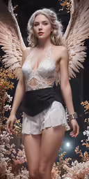 a blonde woman wearing lingerie and wing shaped wings