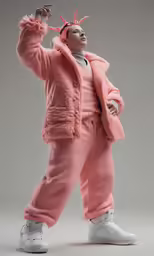 a kid in a pink outfit with deer horns on top of their head