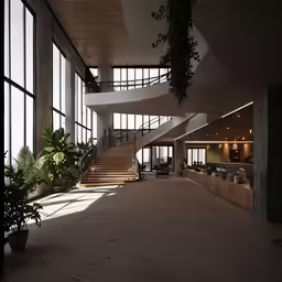 this is a view of an open lobby with plants on either side