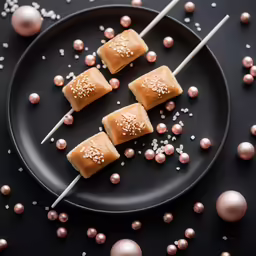 small peanut butter and sesame seed snacks on a black plate