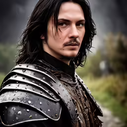 a male actor wears black armor and a beard