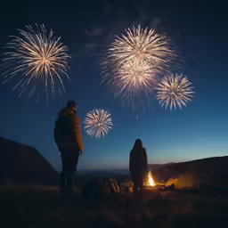 a couple looking at fireworks lite up the sky