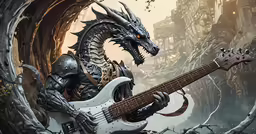 the guitar is an elaborate instrument with dragon - like decorations on it