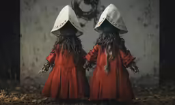 two girls in red dresses and hats looking at a cat