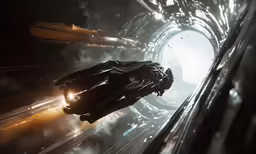 a spaceship flying through a foggy space