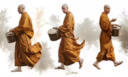 three people are wearing orange robes with different pictures