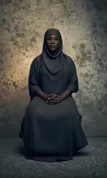 black woman with grey shawl sitting in dark room