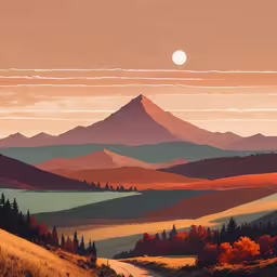 the image is created using multiple shades of orange, yellow, and brown,a colorful picture with mountains and trees